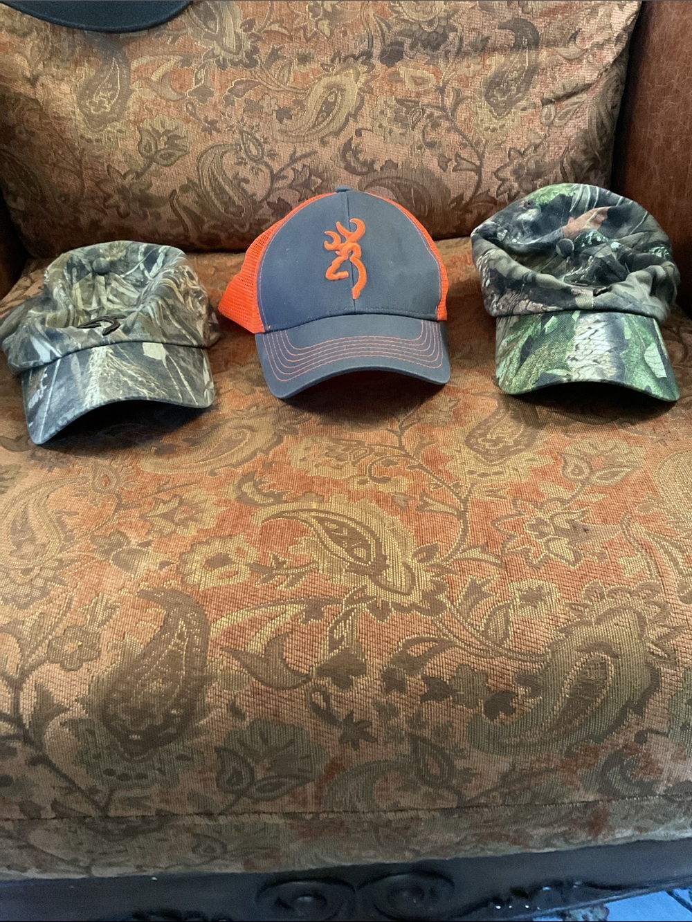 Lot of 3 Browning Realtree Camo Hunter Orange Embroidered Buck Logo Hunting Hat